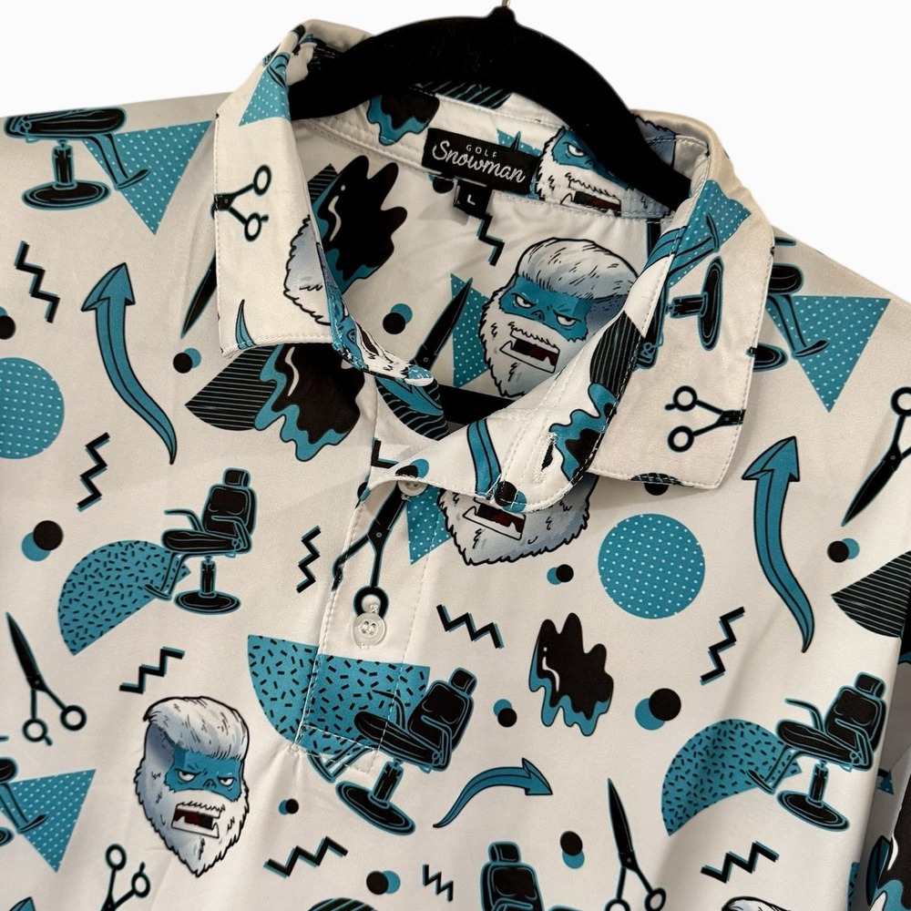 Snowman‎ Golf High Fades Barber Polo Shirt Mens Large L White Blue Graphic